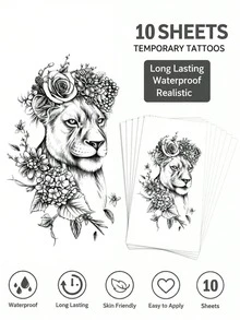 10 piezas/2 piezas Pegatinas de tatuaje desechables realistas de león negro con rosa & hortensia, tatuajes temporales realistas grandes de flores & animales a prueba de agua, pegatinas de decoración corporal sexy para cintura y caderas de mujeres, pegatinas de arte corporal temporal grandes de flores & animales de larga duración - Negro - Ver 10