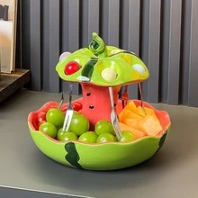 1pc Novelty Watermelon Mushroom 2-Tier Ceramic Fruit Serving Tray, Divided Snack Nut Candy Bowl With Fruit Fork Storage Slots, Cute Summer Table Decor Platter For Party Birthday Housewarming Gift - Multicolor - View 2