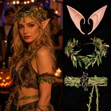 2pcs Vintage Mori Style Green Leaf Headband With Forehead Pendant, Elf Ears And Green Waist Rope With Metal Ring, Suitable For Holidays, Halloween, Cosplay Accessories - Multicolor - View 6