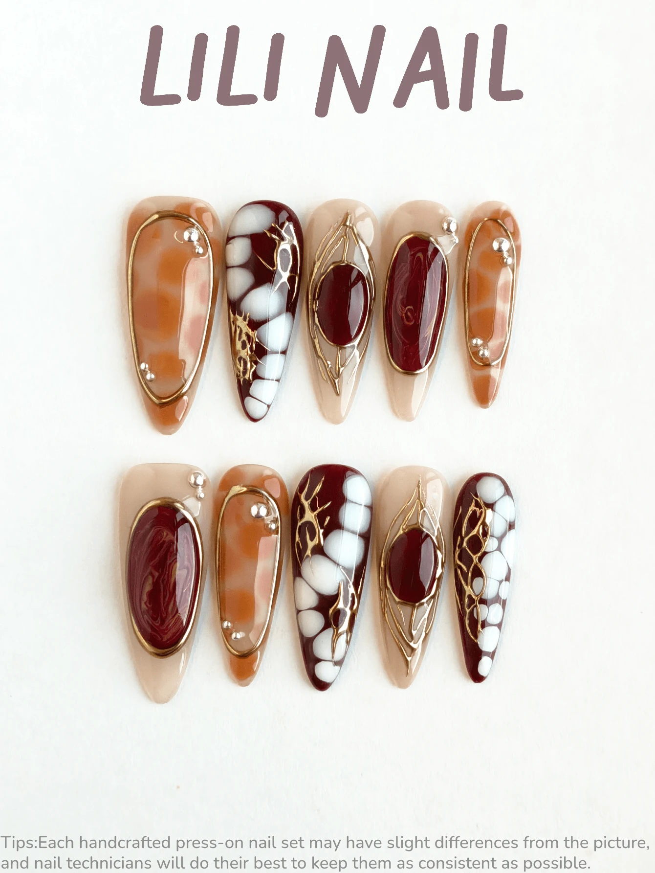 10pcs Handmade Press-On Nails, Long Pointed Shape, Reusable Manicure Set With Tools, Cute Style, Brown, Red, Marble Pattern, Gemstone Print, Gold Trim, Color Block, Hand-Painted Gradient, Suitable For Daily And Party Wear