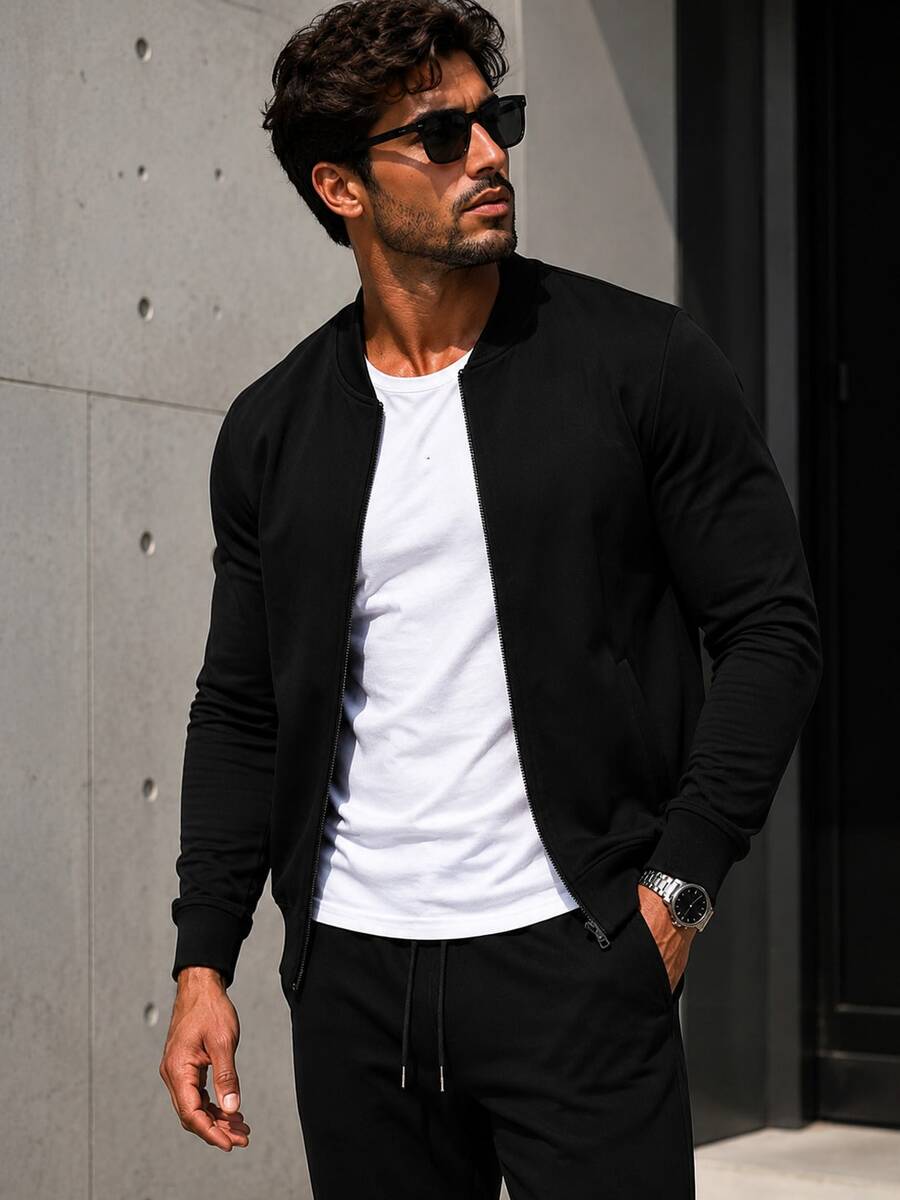 Men's Solid Black Zipper Flight Jacket Sweatshirt, Ribbed Stand Collar Long Sleeve Casual Knit Outerwear, Suitable For Daily Streetwear - Black - View 1