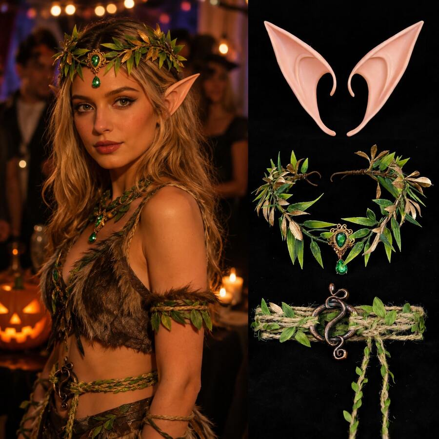 2pcs Vintage Mori Style Green Leaf Headband With Forehead Pendant, Elf Ears And Green Waist Rope With Metal Ring, Suitable For Holidays, Halloween, Cosplay Accessories - Multicolor - View 1