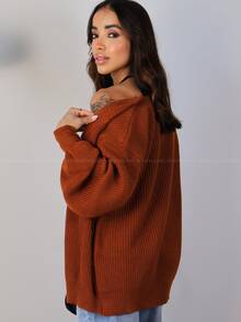 Women's Knitted Cardigan With Puff Sleeves, Elegant, Casual, Terracotta - 陶土 - 查看 3