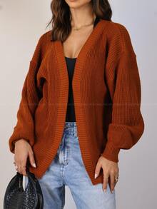 Women's Knitted Cardigan With Puff Sleeves, Elegant, Casual, Terracotta - 陶土 - 查看 2