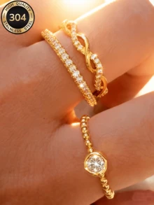 ZCNC Znice Copper 18K Gold Plated Stackable Ring Set, Women's Luxury Sparkling Rhinestone 3 Pieces Ring Set, Hypoallergenic Minimalist Jewelry, Perfect Mother's Day Gift, Summer Vacation Accessory - Gold - View 2