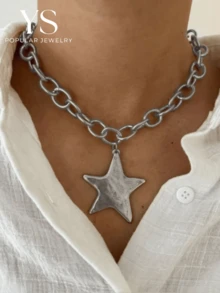 1pc Summer Beach Starfish Pendant Chunky Chain Necklace For Women, Daily, Party, Vacation, Travel Wear - Silver - View 1