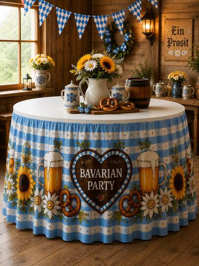 1 pieza Falda de mesa redonda para fiesta bávara, estampado de rayas azules, jarra de cerveza, pretzel, girasol y margarita, borde elástico para falda de mesa para fiesta de Oktoberfest, decoración rústica bávara para el hogar