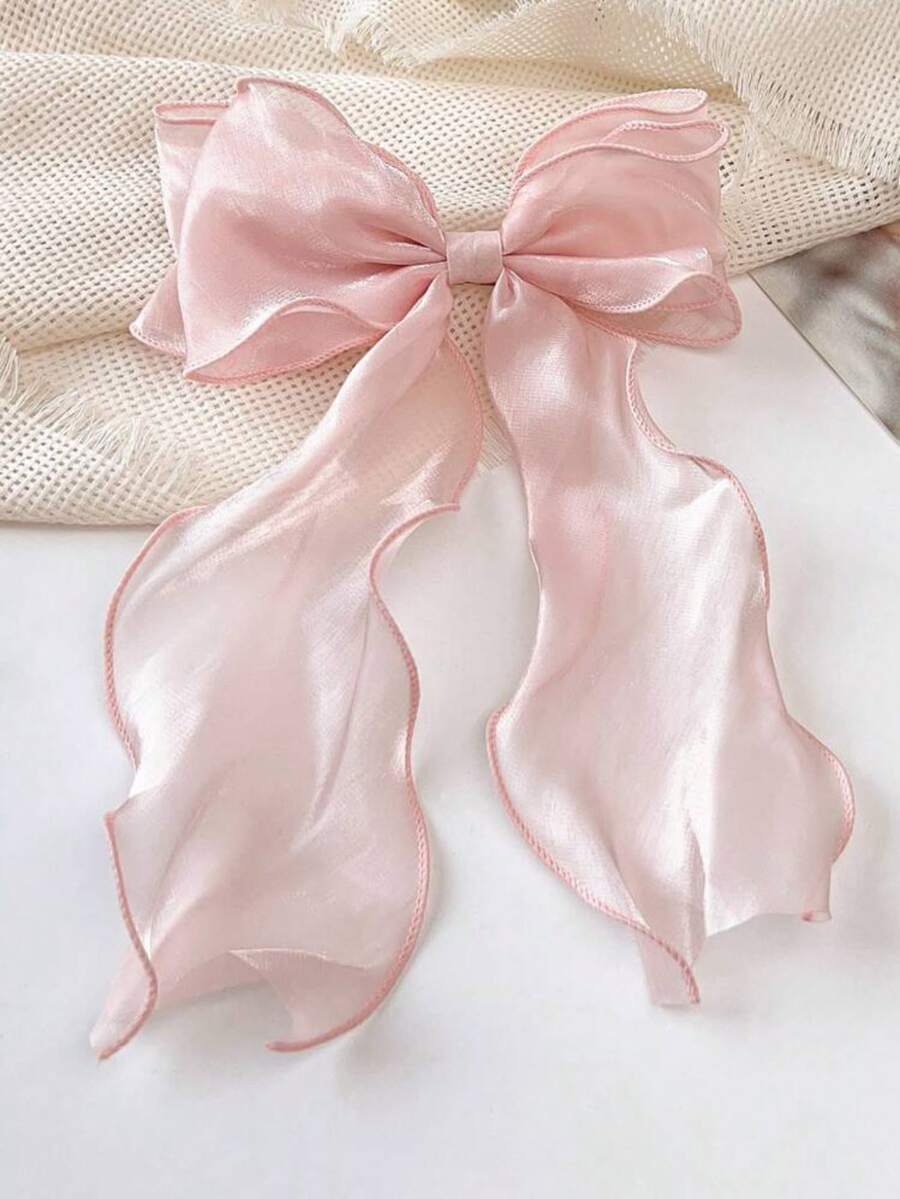 1 Sweet Pink Princess Mesh Oversized Bow Wave Streamer Spring Clip Spring Elegant Gentle Half-Up Hair Clip Hair Accessory - Pink - View 1