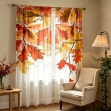 2 Stück große transparente Herbst-Ahornblatt-Vorhänge, Aquarell-Herbstzweig-Muster lichtfilternde Fenstergardinen, halbtransparente Vorhangpaneele für Wohnzimmer Landhaus-Heimdekoration - Verschiedenfarbig - Übersicht 6