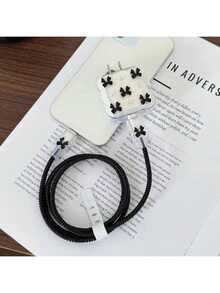 Black Bow And White Pearl Flower Design Charging Data Cable Protective Sleeve Set 20W/18W, Cable Protector, Protective Case, Compatible With Apple , Great Gift Choice - Black - View 6