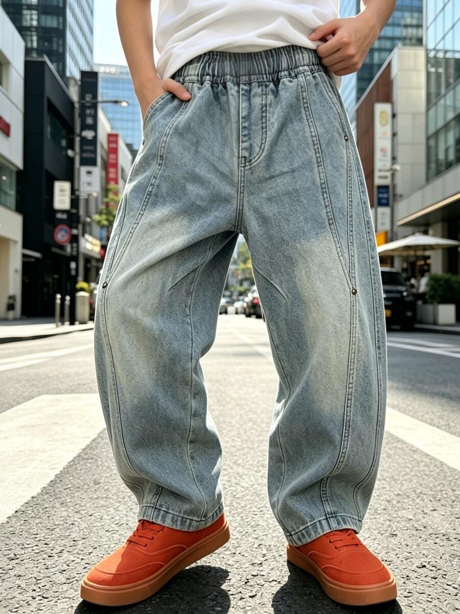 Tween Boys' Autumn Loose Fit Straight Leg Cargo Denim Jeans With Large Pockets, Suitable For Back To School, Daily, Home, Outdoor And Casual Wear - Baby Blue - View 1