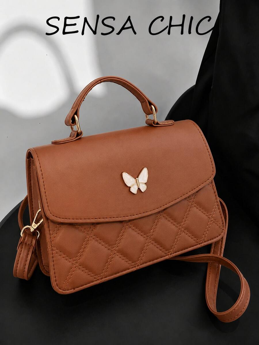 Classic Flap Crossbody Bag Embossed Grid Texture Butterfly Decor Compact Size Lightweight Daily Storage Handbag - Khaki - View 1
