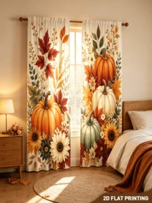 2 Stück Herbst-Erntedekoration Vorhänge, heller Kürbis- & Sonnenblumen-Muster, lichtdurchlässiger Stoff, Wohnzimmer Schlafzimmer Küche Fensterdekoration, Herbst-Heimdekoration - Verschiedenfarbig - Übersicht 5