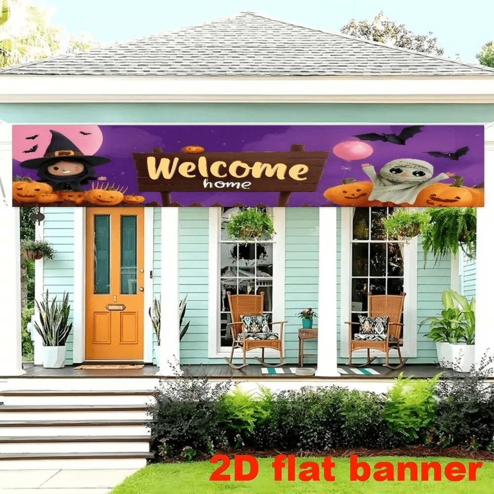A 2D Flat 1-Piece Halloween-Themed Welcome Banner Background Featuring Elements Such As Witches, Mummies, Pumpkins, And Bats. It Has A Purple Background, Is Made Of Polyester Material, And Does Not Require Power.