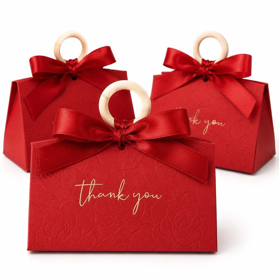 10 buah Kotak Souvenir Pernikahan Merah, Kotak Hadiah Permen Timbul dengan Pita dan Pegangan Bulat, Cocok untuk Souvenir Tamu Pernikahan dan Acara Bridal Shower - Berbagai gaya - View 1