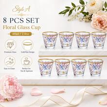 6/8/12 peças, Copos de Vidro com Borda Dourada e Padrão Floral, Copo Decorativo Transparente, Conjunto de Utensílios para Bebida de Casa Oriental, Cozinha, Café, Chá e Água - Multicolorido - Visão 23