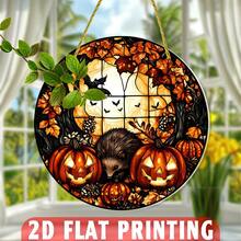 Hedgehog Halloween Stained Glass Effect Window Hanging Decor, Autumn Theme Garden Art With Halloween Lanterns And Bats, Perfect For Home, Yard Or Balcony, Halloween Decoration - 1pc Hedgehog - View 6