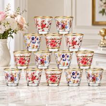 6/8/12 peças, Copos de Vidro com Borda Dourada e Padrão Floral, Copo Decorativo Transparente, Conjunto de Utensílios para Bebida de Casa Oriental, Cozinha, Café, Chá e Água - Multicolorido - Visão 2