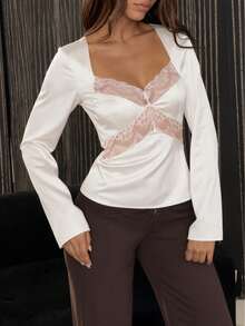 Square Neck Lace Patchwork Satin Long Sleeve Top White - White - View 1