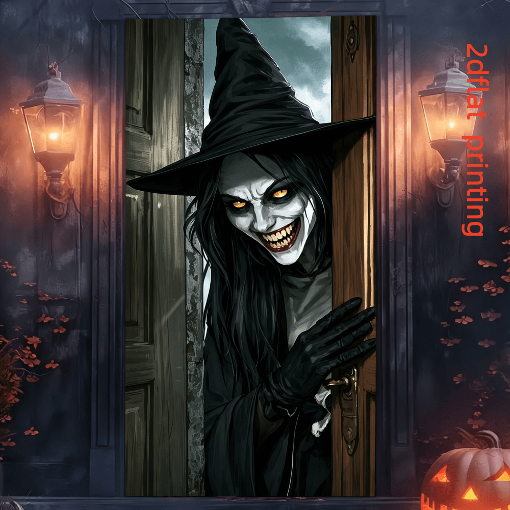 2D Flat Banner 1pc Halloween Witch Door Decor, Black Hat Yellow Eyes Evil Witch Peeking Door Flag, Suitable For Halloween Theme Entry Door Decoration Door Cover, Haunted House Indoor Outdoor Horror Theme Polyester Door Curtain