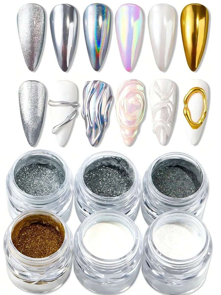 3D雕花美甲粉 6色組,適用於美甲藝術,金屬鏡面效果、全息幻彩,美甲裝飾 - 彩色 - 查看 1