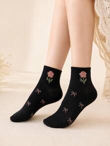 5 Pairs Random Floral Lightweight Short Socks, Soft And Comfortable, Suitable For Daily, Work, Campus, Casual Wear - Multicolor - View 2