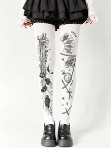 1 Pair Rose Chain Floral Print Plus Size Pantyhose, Sexy Cute Elegant Sweet Romantic, Suitable For Spring/Autumn Date Night And Daily Wear - Multicolor - View 1