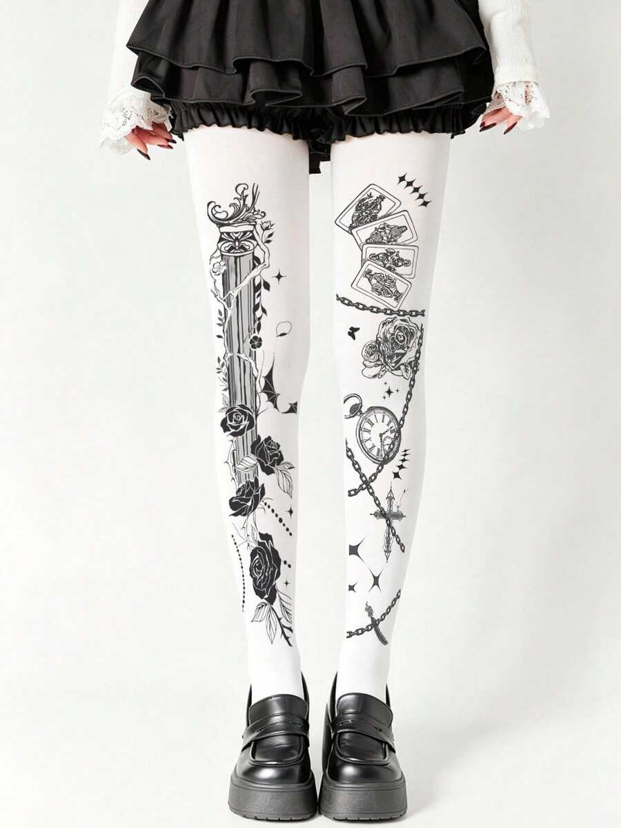 1 Pair Rose Chain Floral Print Plus Size Pantyhose, Sexy Cute Elegant Sweet Romantic, Suitable For Spring/Autumn Date Night And Daily Wear - Multicolor - View 1