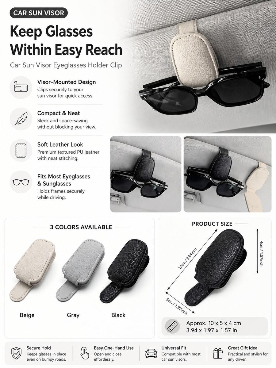 1pc Universal Car Sun Visor Glasses Holder, PVC Material, Car Glasses Storage Rack, Interior Accessory, Glasses Storage Holder - Multicolor - View 1