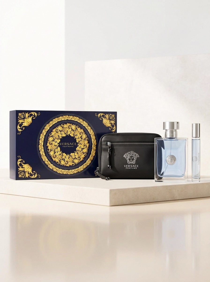 Versace Pour Homme 3 Pcs Gift Set (EDT Spray 100ml+EDT Spray 10ml+ Cosmetic Bag) For Men 3.4oz/100ml+0.34oz/10ml+1pcs - Perfume For Long Lasting Suitable For Birthday, Office, Gift, Daily Use - EDT 3 Pcs Set - View 1