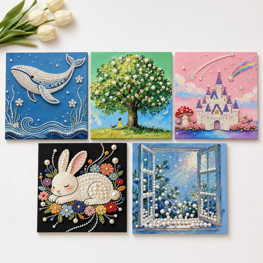 1pc 3D Pearl Diamond Painting Kit, DIY Embossed Rhinestone Mosaic Art Set With Full Accessories, Whale/Castle/Rabbit Tree Pattern Handmade Wall Decor Gift For Girls Home Bedroom Ornament - Multicolor - View 1