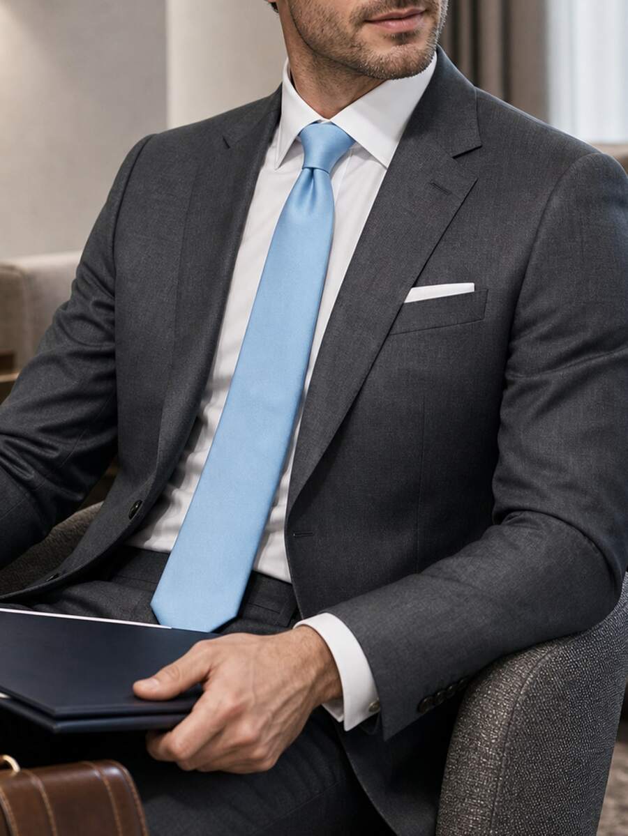 1pc Soft Light Blue Solid Color Shiny Necktie For Men, Business Formal, Banquet, Wedding, Daily Wear, Versatile Suit Shirt Accessory - Blue - View 1