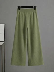 Muted Olive Green Solid Knit Loungewear Set Drop Shoulder Sweater Side Slit Wide Leg Pants Matching Outfit - Green - View 2