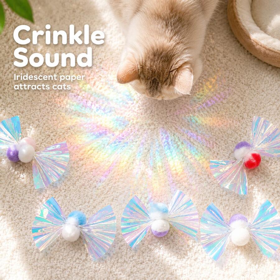 Iridescent Bow Crinkle Paper Cat Toy, Random Color 3pcs, 8x4cm, Laser Shiny Plush Ball Self-Entertainment Boredom Relief Toy, Durable Scratch-Resistant Interactive Pet Toy - View 1