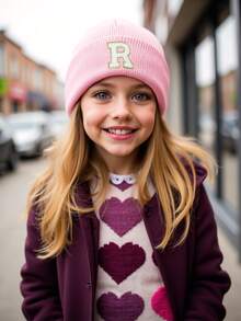 1PC Children's Knitted Hat With 26 Letters Pattern, Solid Color Knitted Caps, Children Hats For Girls, Warm Beanies For Outdoor, Autumn/Winter - Pink - View 2