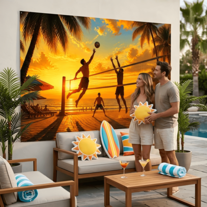 1pc 2D Flat Background Cloth, Beach Volleyball Match Sunset Scene Backdrop Banner, Suitable For Party 2D Flat Combination, Ideal For Home, Garden, Studio, Outdoor Activities And Room Decoration