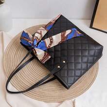 1pc Quilted Diamond Embroidered Scarf Decor Large Capacity Lightweight Versatile Commuter Tote Bag - Black - View 4