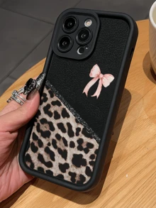 1件裝黑色豹紋水鑽粉色蝴蝶結極簡個性化TPU防震全包手機殼，適用於Apple 17 16 15 14 13 12 11 Pro Max Air及系列 - 彩色 - 查看 4