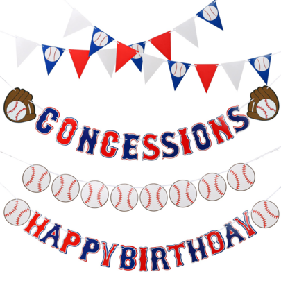 野球テーマパーティーバナーセット - 赤白青ペナント「Concessions」&「Happy Birthday」サイン付き、野球ボール&グローブプリント、スポーツ誕生日パーティー&スナックバーの装飾用