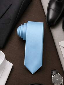 1pc Matte Light Blue Solid Color Formal Tie, Minimalist Elegant Men's Banquet Date Suit Shirt Accessory - Blue - View 5