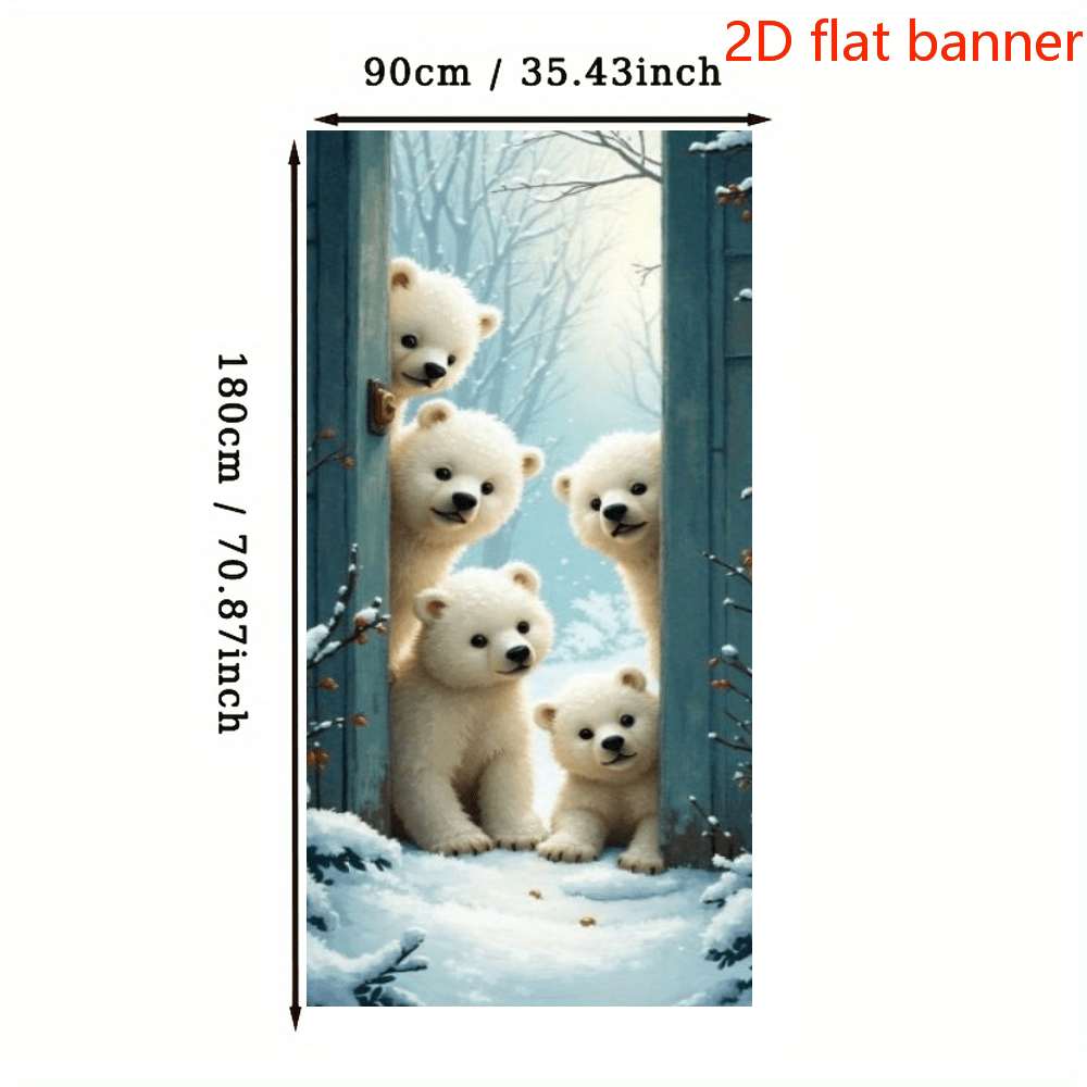 علم ثنائي الأبعاد - خلفية موضوع الدب القطبي الثلجي الشتوي، نمط مشهد الثلج الشتوي للدب الأبيض وكاميرا الباب الأزرق، مصنوع من مادة البوليستر.