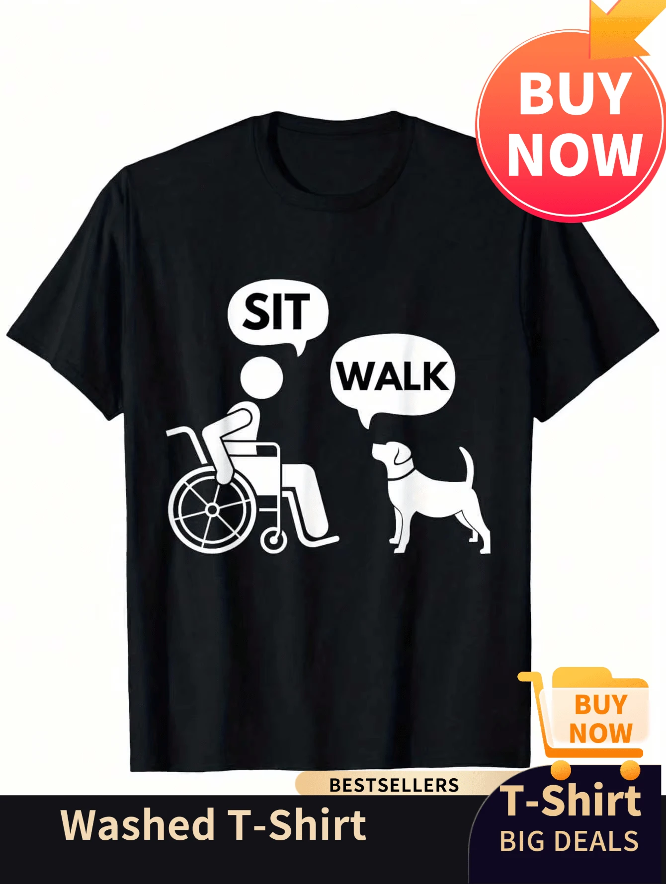 Humorvolles 'Sit& Walk' Herren T-Shirt mit Rollstuhl- und Hundemuster - 100%, bequeme Passform, Rundhalsausschnitt, maschinenwaschbar - geeignet für den täglichen Gebrauch und - Schwarz - Übersicht 1