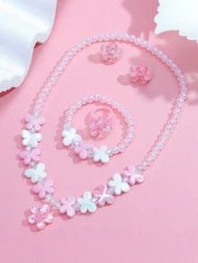 5pcs/Set Glitter Floral Beaded Jewelry Set Necklace Bracelet Ring Ear Clips Sweet Girl Dress Up Party Accessories Gift - one-size - View 1
