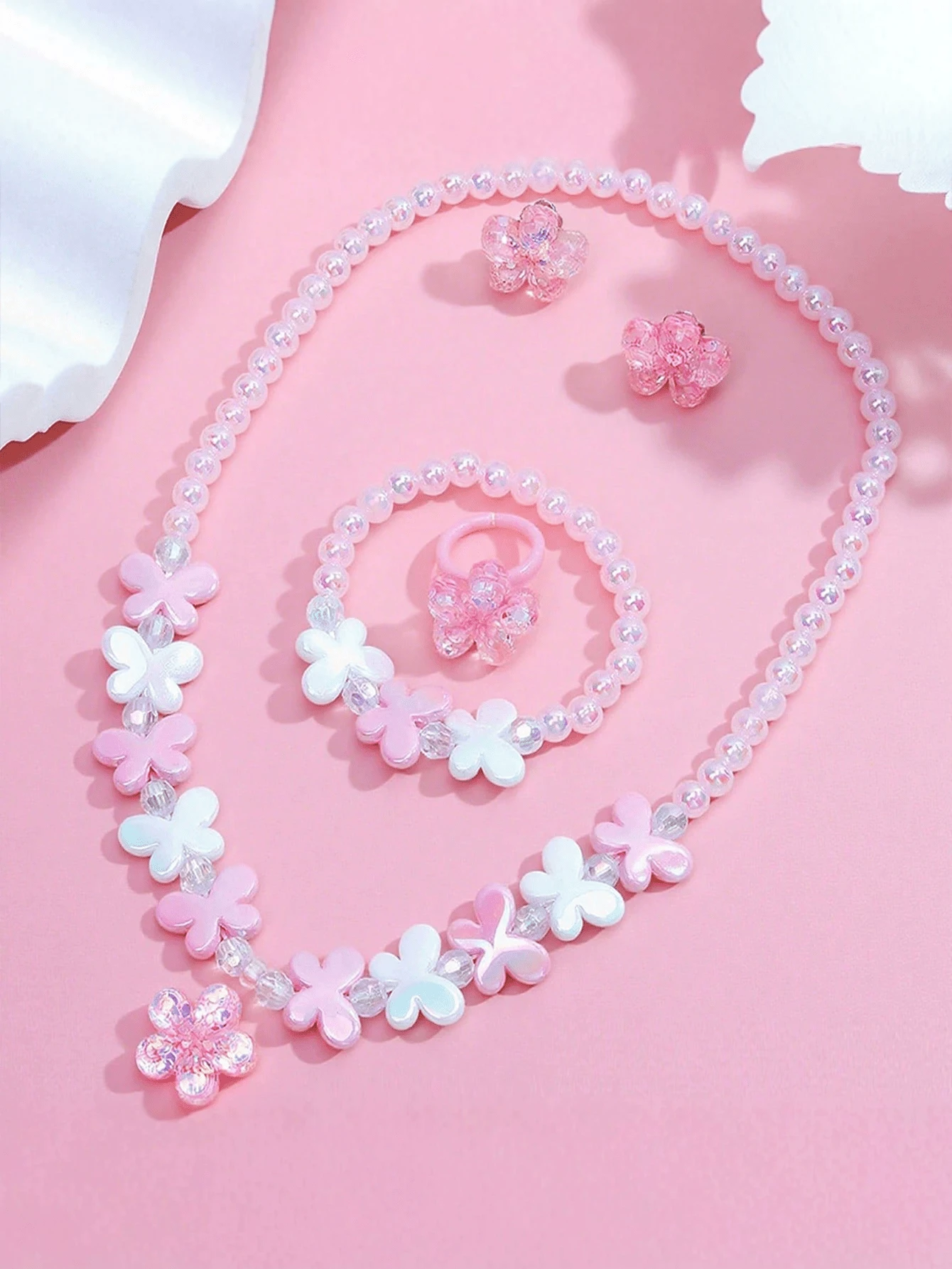 5pcs/Set Glitter Floral Beaded Jewelry Set Necklace Bracelet Ring Ear Clips Sweet Girl Dress Up Party Accessories Gift - one-size - View 1