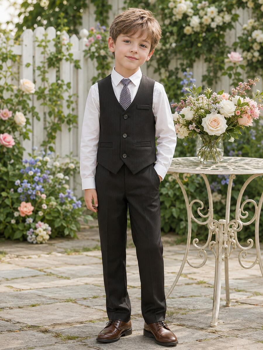 男孩新西裝套裝，花童婚禮服裝，表演服，英式男孩表演西裝三件套，含背心、長褲與領帶