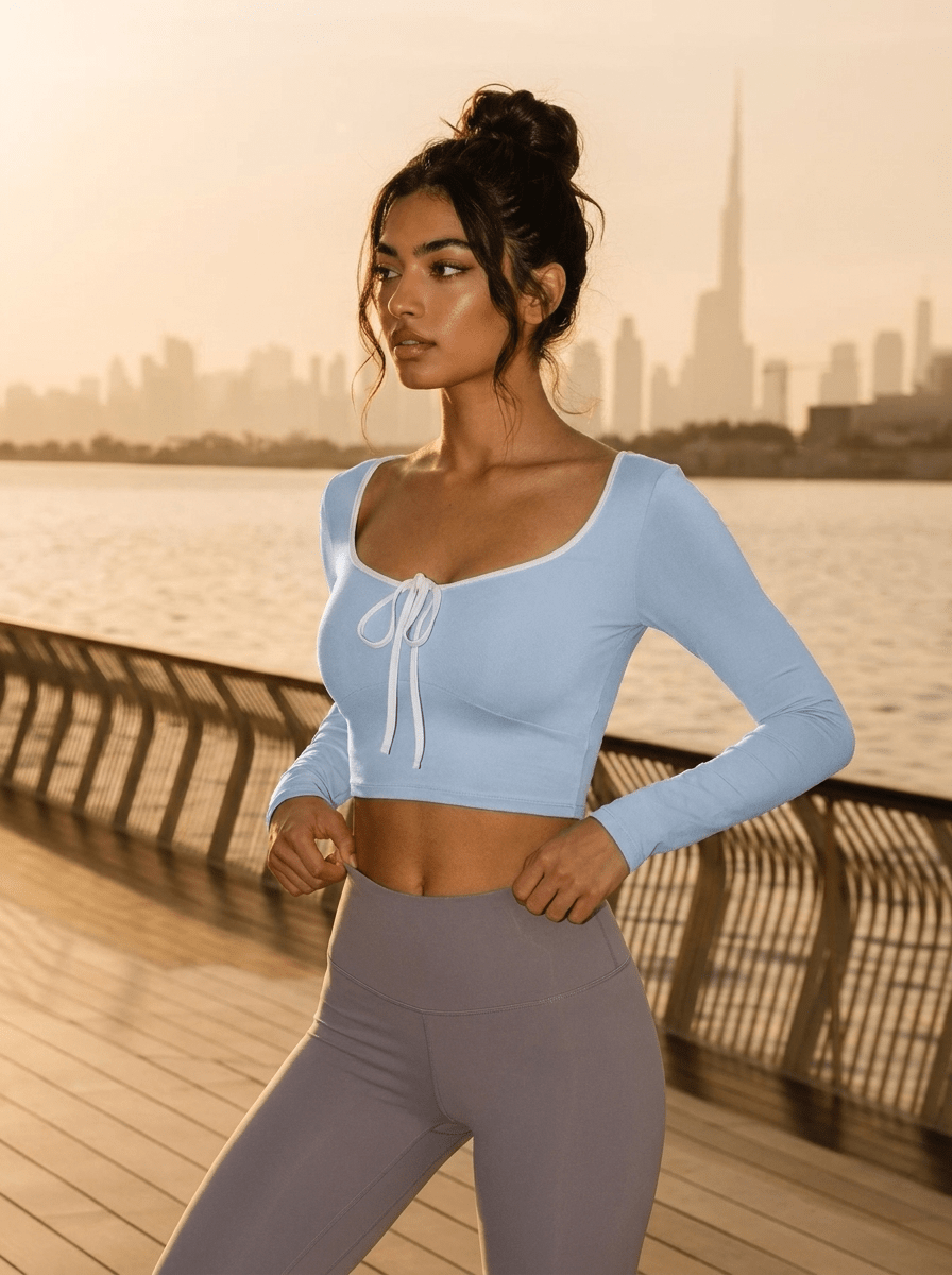 Never me Women's Minimalist Sexy Style Sports T-Shirt, Large U Square Neck, Tie-Up Long Sleeve, Contrast Trim, Slim Fit Cropped Tight Running Top