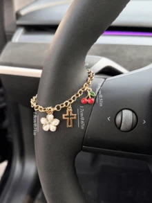 1pc Sweet Cherry Alloy Flower Cross Car Steering Wheel Decorative Chain Women's Interior Decoration Product - A - View 2