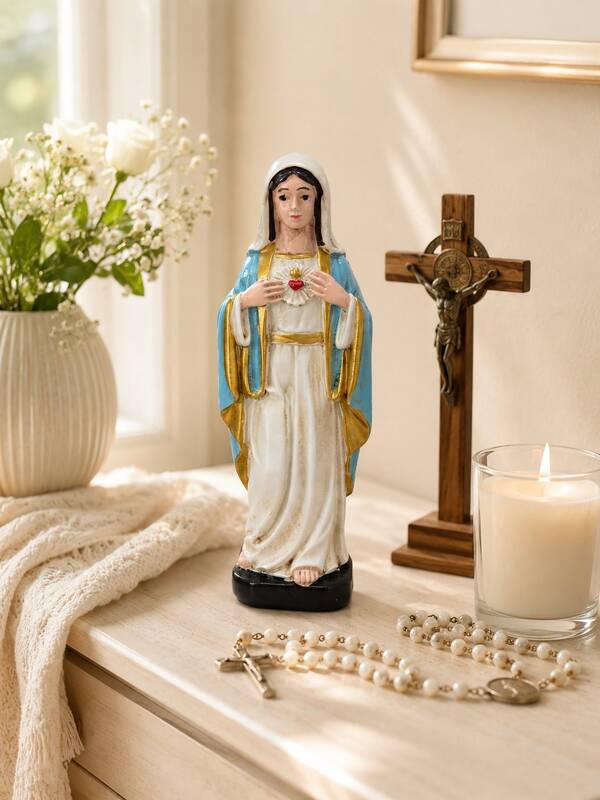 Virgin Mary Statue Resin Catholic Figurine, Our Lady Sacred Heart Religious Decor For Prayer Altar, Home Chapel, Bedroom Nightstand, Church Shelf, Rosary Table Centerpiece, Christian Gift For Women