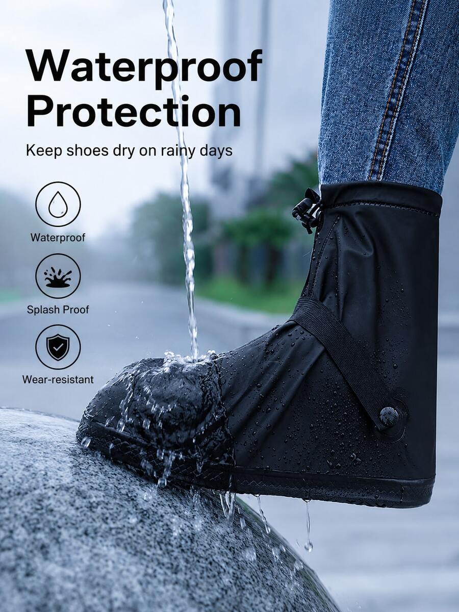 1雙 S-2XL 5種尺寸可選 中筒拉鍊防水鞋套,實用通勤風中性雨鞋套,簡約戶外防雨,純黑極簡設計無複雜圖案,中筒拉鍊綁帶防水鞋套,雨天通勤、戶外旅行、騎行防潮防滑耐磨防水鞋套 - 黑色 - 查看 1