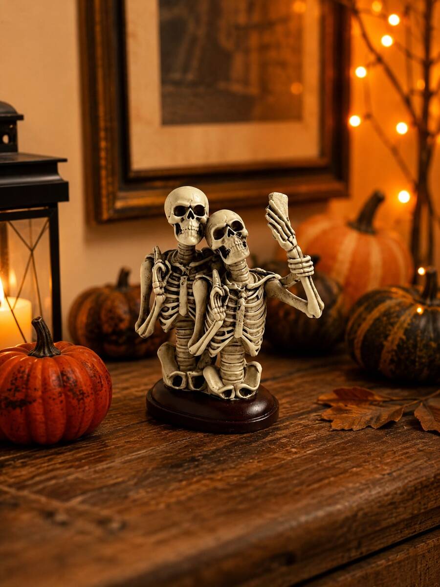 Spooky Skeleton Figurine Decor, Halloween Resin Tabletop Statue With Selfie Pose, Cute Gothic Couple Ornament For Fireplace Mantel, Bookshelf, Entryway Table, Halloween Party Centerpiece And Fall Home Decor - Multiple Styles - View 1